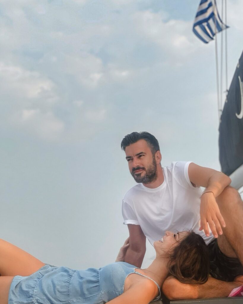 Photo shared by Katerina Geronikolou on July 28 2024 tagging @gtsimitselis. May be an image of 1 person beard people kissing boat yacht and outdoors