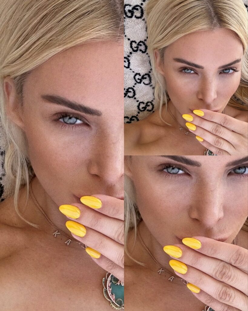 Photo shared by Katerina Kainourgiou Official on August 01 2024 tagging @lechatnailsgreece. May be a closeup of 3 people blonde hair fingernails makeup and text